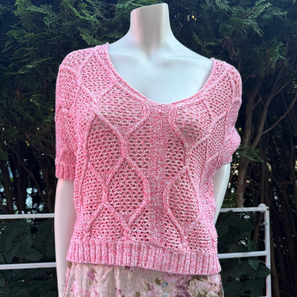 Pink Open Knit Cropped Oversized Sweater V-Neck Short Sleeve Cottagecore Retro M